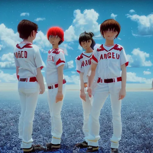 Image similar to angels in the outfield, in the style of grand chamaco and stanley kubrick, inspired by evangelion, photorealistic, epic, super technical, cinematic still
