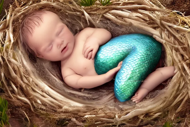 Image similar to a baby mermaid laying in a nest under the ocean, photography, concept art, digital art, trending on artstation, 4 k, extremely detailed, realistic, photorealistic, anne geddes