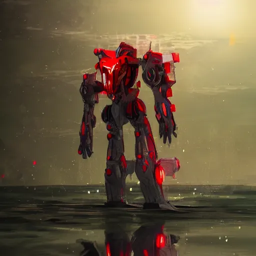 Image similar to bipedal mech standing in water red and white accents volumetric light intricate complex machine ultra detailed sharp focus coherent artstation