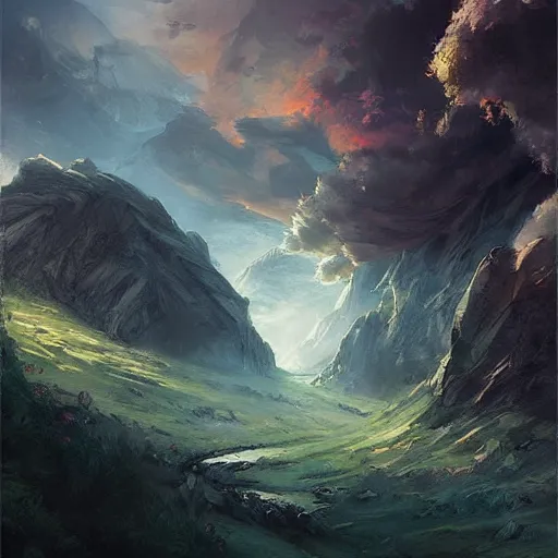 Image similar to fantasy book cover painting, dramatic shot of a lively landscape in the country by Ross Tran