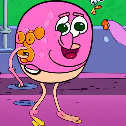 Image similar to pink jellyfish from the cartoon SpongeBob Squarepants hits SpongeBob with a metal sieve