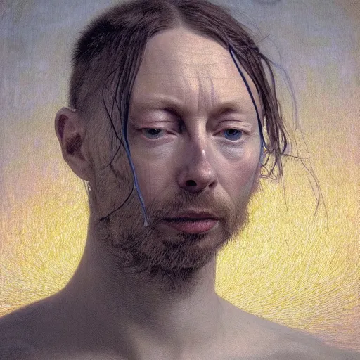 Image similar to Portrait Masterpiece, Thom Yorke, cyan, golden halo behind her head, wires everywhere, by Edgar Maxence and Ross Tran, Zdzisław Beksiński, and Michael Whelan, distant, gustav dore, H.R. Giger, 8k, octane render