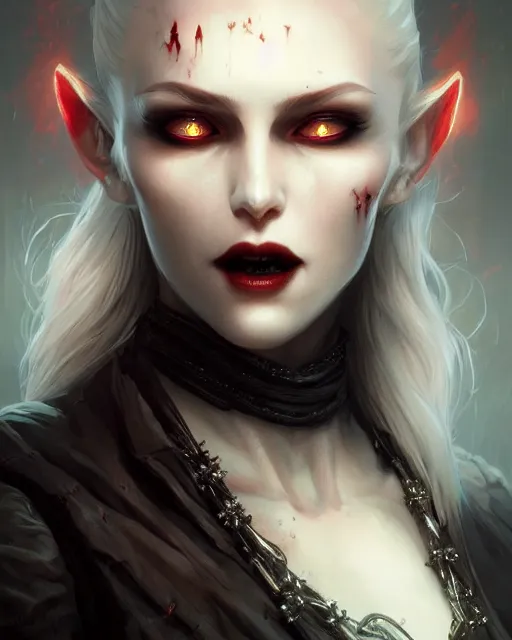 Image similar to vampire, highly detailed, d & d, fantasy, highly detailed, digital painting, trending on artstation, concept art, sharp focus, illustration, global illumination, shaded, art by artgerm and greg rutkowski and fuji choko and viktoria gavrilenko and hoang lap