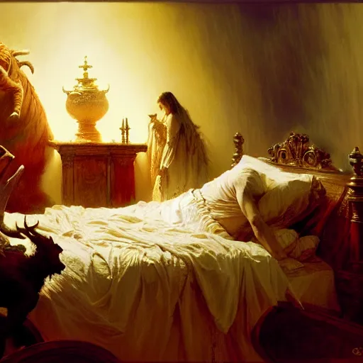 Image similar to the pope is in his bed, terrified, because a double horned shadow demon is in the wallpaper of the bedroom. highly detailed painting by gaston bussiere, greg rutkowski, craig mullins 8 k