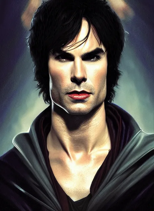 Image similar to portrait of ian somerhalder as a sultry vampire lord, damon salvatore, jewelry, greek, saphire, intricate, headshot, highly detailed, digital painting, artstation, concept art, sharp focus, cinematic lighting, illustration, art by artgerm and greg rutkowski, alphonse mucha, cgsociety