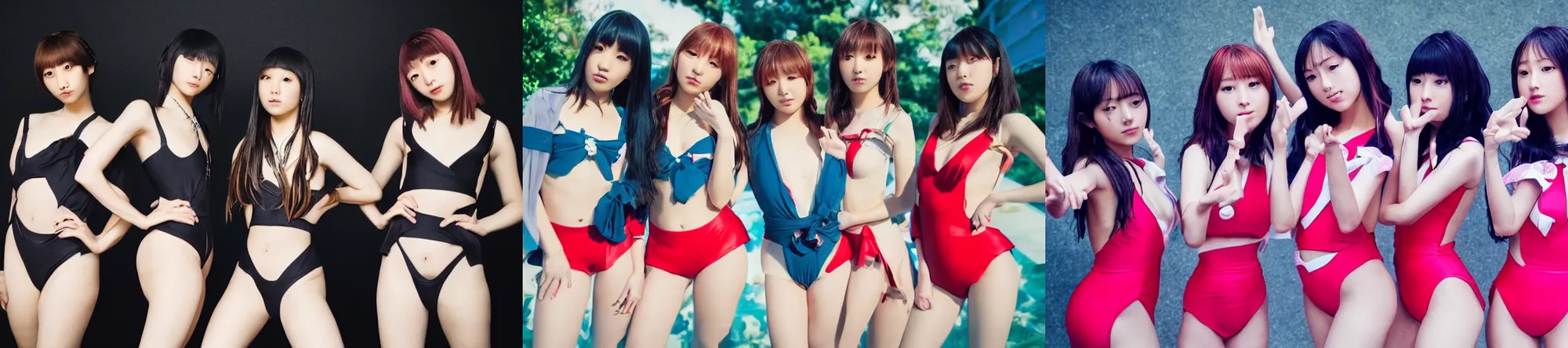 Image similar to unbelievably beautiful, perfect, dynamic, epic, cinematic 8 k hd movie shot, three beautiful cute young j - pop idols av actresses in japanese girl band, posing together in swimsuits. hollywood style, at behance, at netflix, with instagram filters, photoshop, adobe lightroom, adobe after effects, taken with polaroid kodak portra