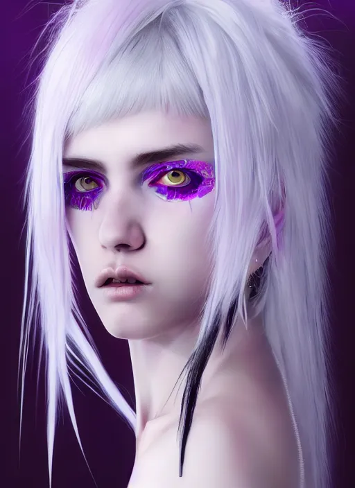 Image similar to hair whitebangs hair, black cyberlox, portrait of normal teenage girl, white bangs, messy bangs, fluffy bangs, cyberlox, whitebangs, red irises, purple background, intricate, elegant, highly detailed, digital painting, artstation, concept art, sharp focus, smooth, illustration, art by wlop, mars ravelo and greg rutkowski