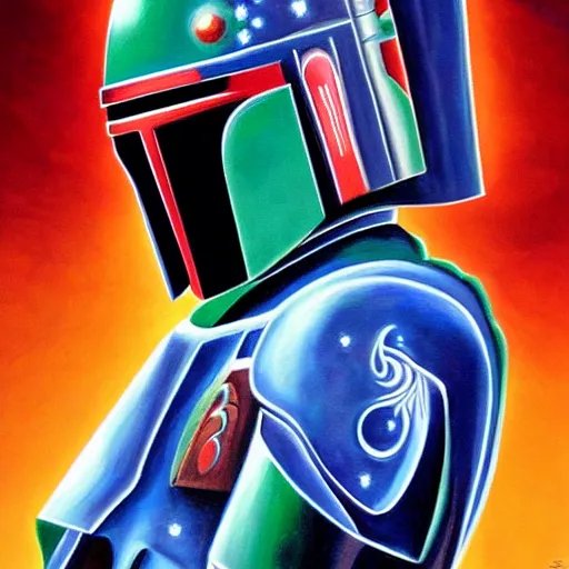 Image similar to a painting of elegant boba fett praying designed by alex grey, flooko, etheral, glows,