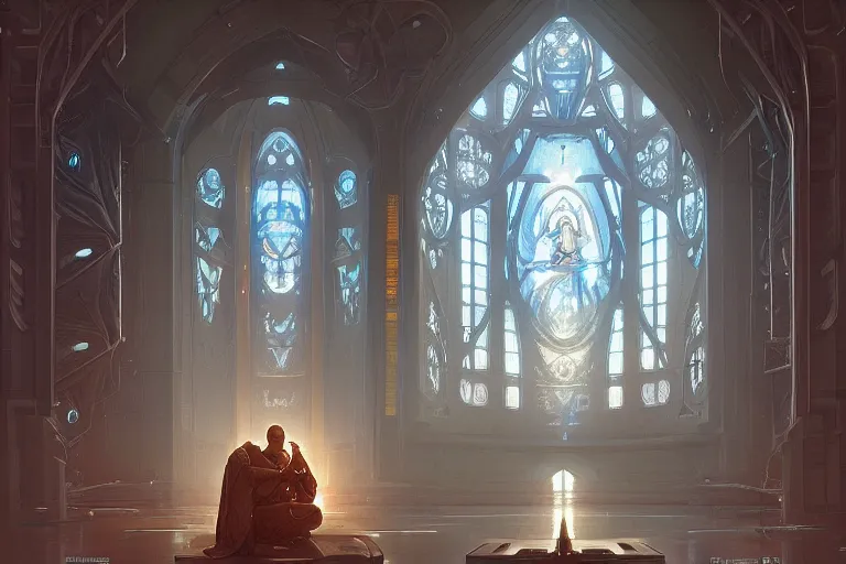 Prompt: a cybernetic room, scifi religious giant window, symmetrical, center punched, Archviz, elegant, intricate, digital painting, artstation, concept art, smooth, sharp focus, illustration, art by artgerm and greg rutkowski and alphonse mucha