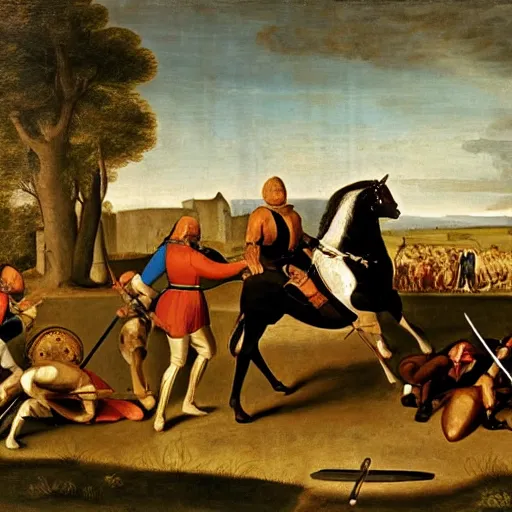 Prompt: painting of a medieval battlefield by George Stubbs, renaissance painting, oil painting, old master