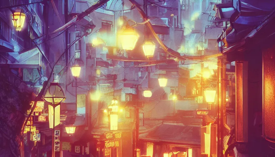 Image similar to A film still from a 1990s Sailor Moon cartoon featuring a moody street in Japan with a waterfall and lanterns, lofi aesthetic, golden hour, cinematic look, film grain, high detail, high resolution, 8k