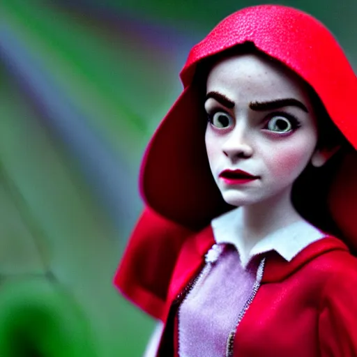 Image similar to a cinematic film still of a claymation stop motion film starring emma watson as little red riding hood, looking at wild wolf, shallow depth of field, 8 0 mm, f 1. 8