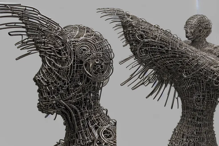 Image similar to an extremely high quality hd, a large metal sculpture of a winged creature, cyberpunk art by peter gric, featured on zbrush central, gothic art, seemingly made of paperclips, apocalypse art, dystopian art, 8 k, ultra realistic, very realistic