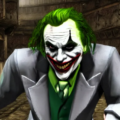 Prompt: the joker as a character on Skyrim videogame