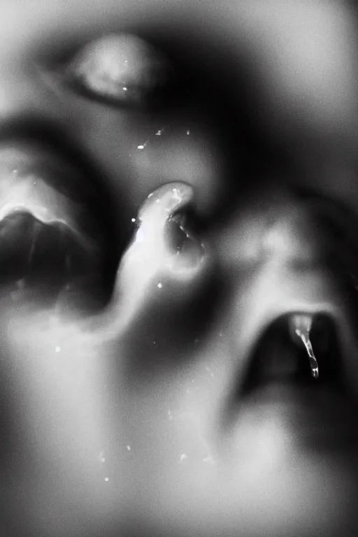 Image similar to Realistic high-resolution black and white photograph with 50 mm f/1.2 lens of old women with closed eyes spouting ECTOPLASMA from their mouths. A thick white liquid floating in the air
