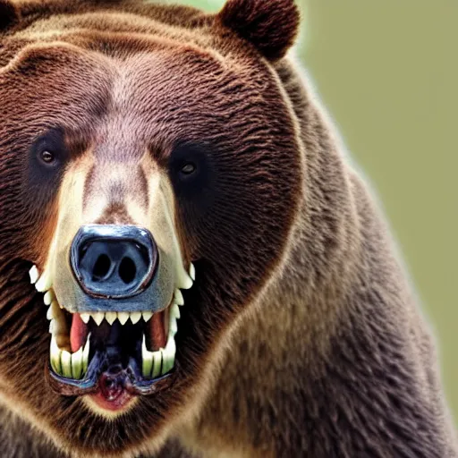 Image similar to close up of bear with and open mouth 3 ribs in between its teeth, frightening, disturbing