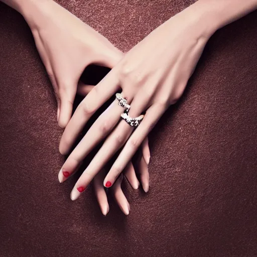 Prompt: foto elegant woman only one hand with five finger, ring ads, photorealistic