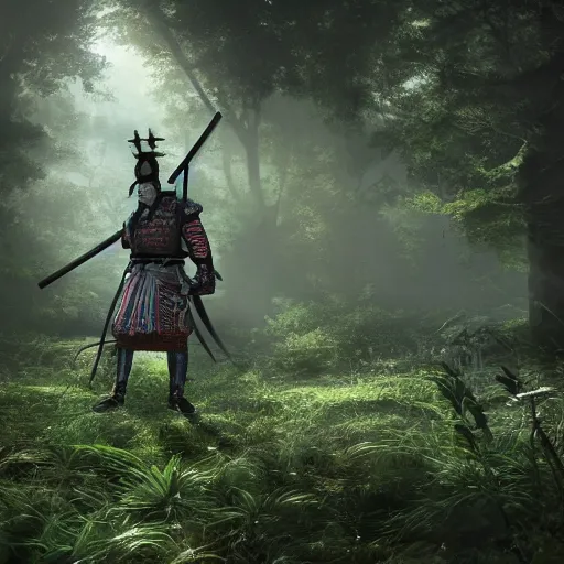 Image similar to a mirrored portrait of a legendary samurai in a mystical overgrown haunted ancient crypt with a gateway to hell in a beautiful forest rays of light 4k digital art unreal engine trending on artstation