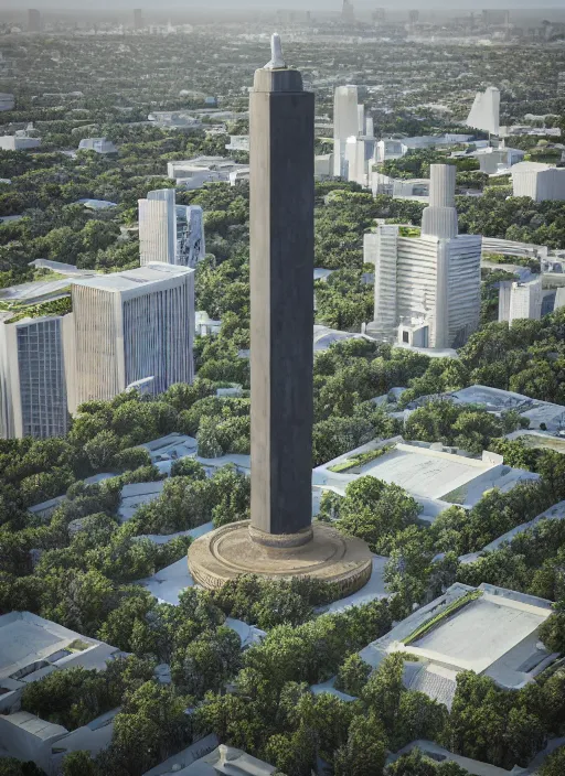 Image similar to highly detailed realistic architecture 3 d render of a stele in the style of power tower standing in a city park, archdaily, made in unreal engine 4 octane render