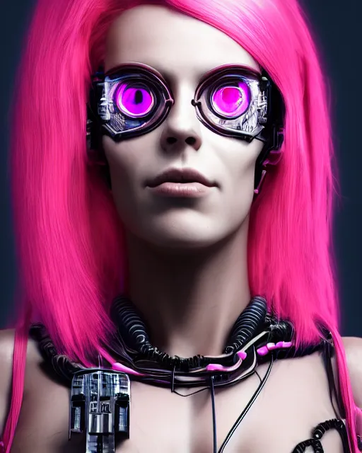 Prompt: portrait of a beautiful peruvian woman with pink hair as a cyberpunk cyborg half robot, revealing wires and electronics, hooked - up, sci - fi, missing panels, intricate abstract upper body intricate artwork, concept art, octane render, deviantart, cinematic, key art, hyperrealism, iridescent accents, portrait photograph, nikon 3 5 mm, photograph by greg rutkowski