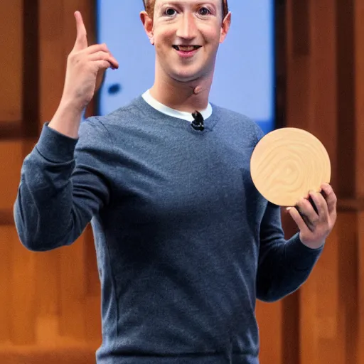 Prompt: mark zuckerberg holding a circular, wooden coaster up to the camera