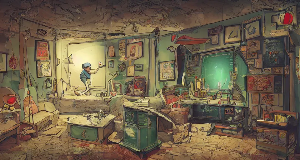 Image similar to A beautiful artwork illustration, a videogame level in a small golf-themed museum escape room with a golf ball who is a detective, featured on artstation, wide angle, horizontal orientation