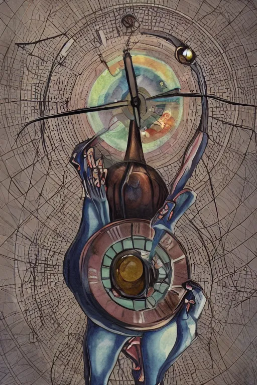 Image similar to wizard in the concentric clock prison,art by Teddy Harvia and Hidetaka Tenjin and Matt Fox,trending on artstation, foreign lighting rear view,Fantastic Planet ,tilt-shift ,closeup,still life ,watercolor painting,