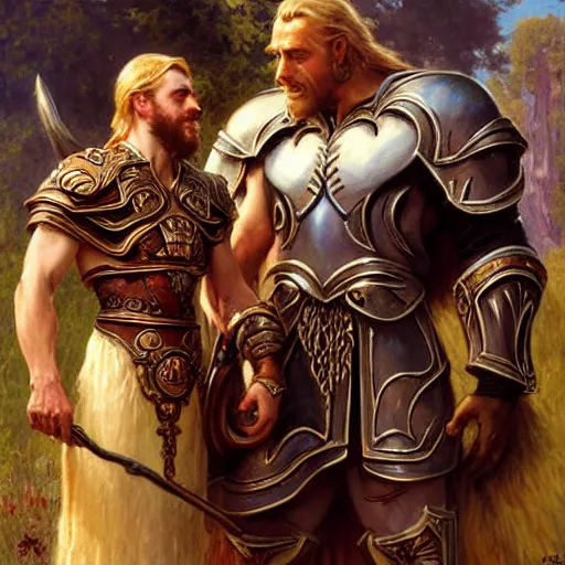 Image similar to attractive fully clothed arthas menethil confesses his love for his attractive fully clothed thrall son of durotan. highly detailed painting by gaston bussiere and j. c. leyendecker 8 k