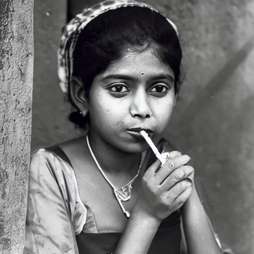 Image similar to portrait of a sri lankan girl smoking cigarette, vintage photo in 8 0's style