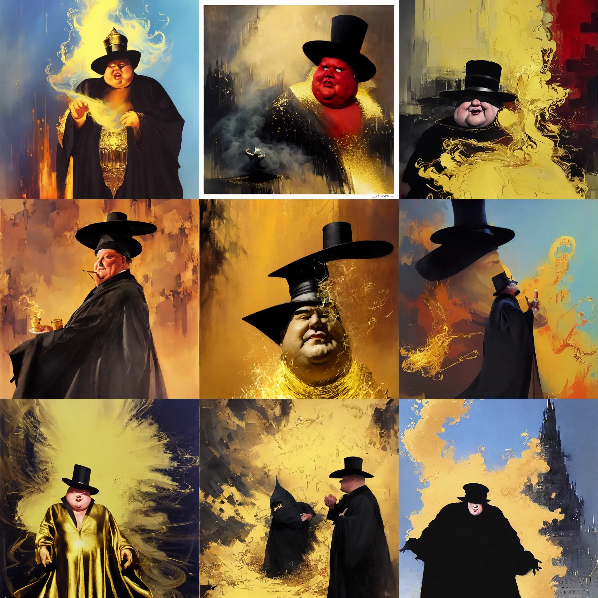 Prompt: wearing a black robe, wearing a high hat, the hat is written on the world is too peaceful, the robe is golden, the fat man, the appearance is fierce, the devil, the eyes, the big eyes are red, holding the shackles in his hands, surrounded by this fine golden smoke artwork by john berkey