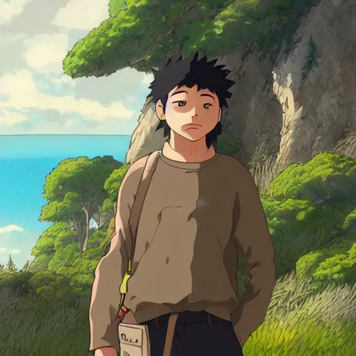 Prompt: friendly guy with big wild animal , with Fragile looking character portrait face made in Studio Ghibli artstyle ,highly detailed art, beautiful scene, sharp focus, smooth, 8k, anime art, fantasy, style in ghibli anime style, fantasy, island,8k