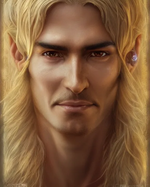 Prompt: elven man, beautiful, long hair, tan skin, closed mouth smile, fantasy, super detailed, very ornate, glow, by greg rutkowski, artgerm, magali villeneuve, alphonse mucha, realistic, symmetrical face, 8 k, sharp focus