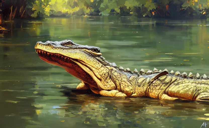 Image similar to a cute alligator in a river by Atey Ghailan and Michael Garmash