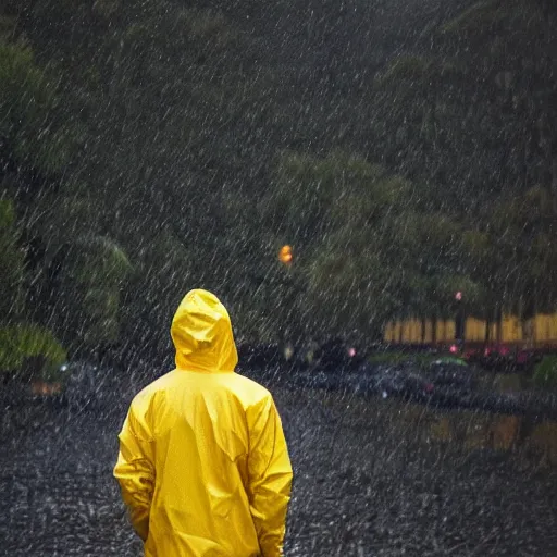 Prompt: award winning photograph of a man with a yellow jacket in the rain, extreme details, sharp focus