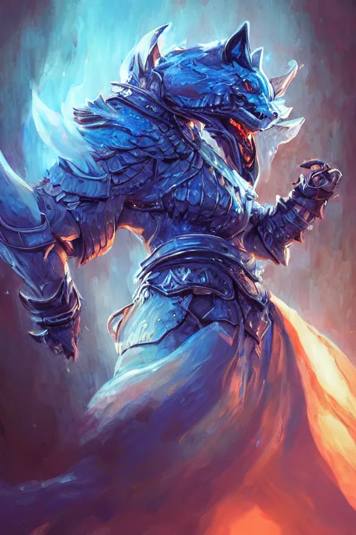 Image similar to anthropomorphic Azure wolf knight, DnD character art portrait, fantasy battleground, raining, blue flame, oil painting, heroic pose, magic the gathering artwork, D&D, fantasy, cinematic lighting, centered, symmetrical, highly detailed, digital painting, artstation, concept art, chromatic aberration, post processing, smooth, sharp focus, illustration, volumetric lighting, epic Composition, 8k, art, DeviantArt, trending on Artstation, Jason Felix, Steve Argyle, Tyler Jacobson, Peter Mohrbacher, Akihiko Yoshida, Greg Rutkowski, Craig Mullins, Frank Frazetta, cinematic lighting