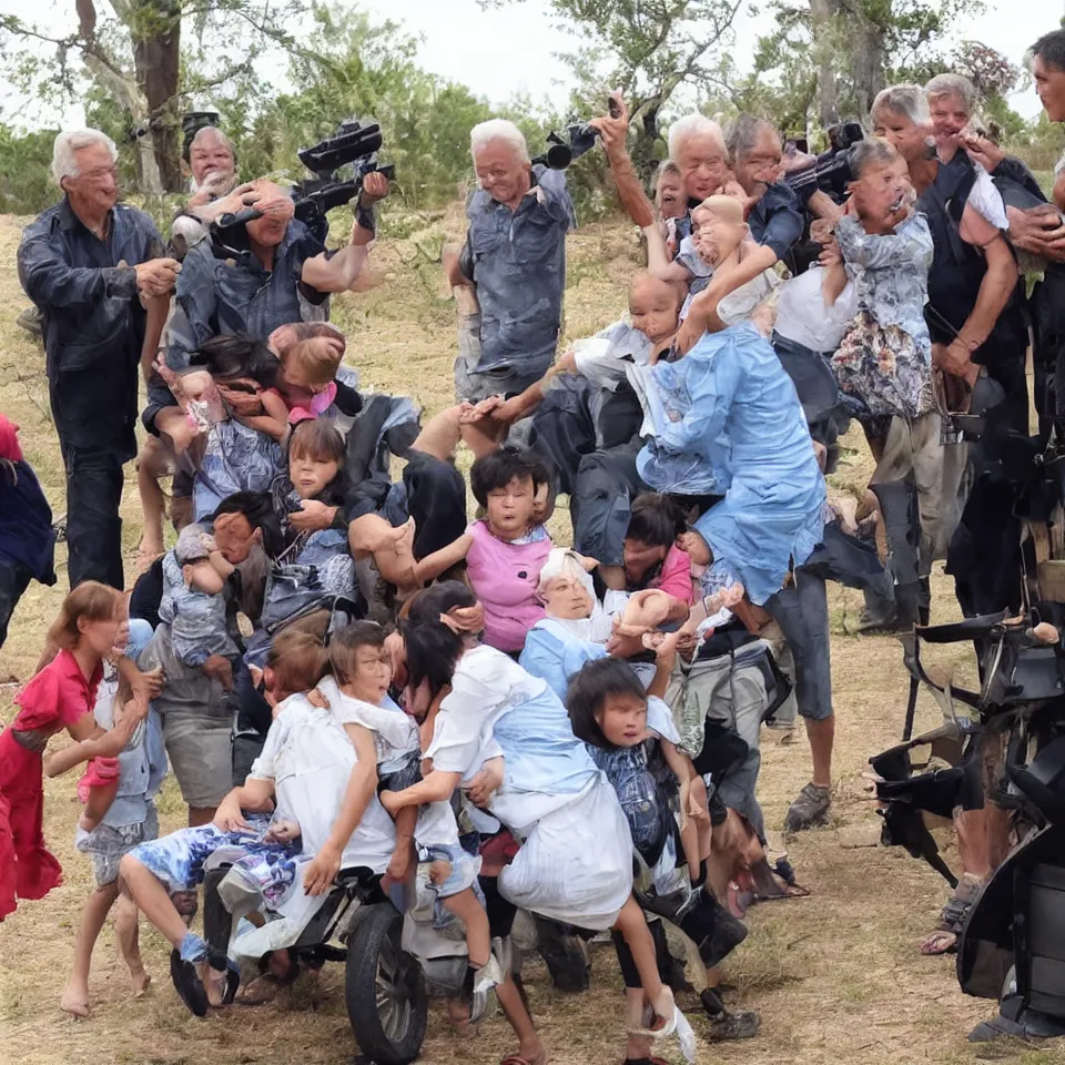 Prompt: family reunion with grandparents and kids attacked by machine guns firing