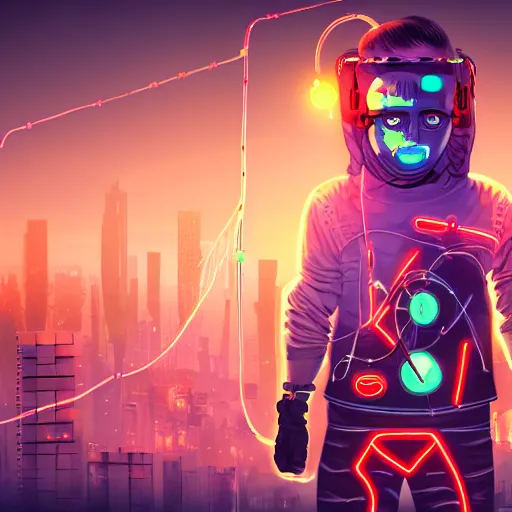 Prompt: a cyborg child with wires and tubes in their face, neon city in the background, cyberpunk digital art,