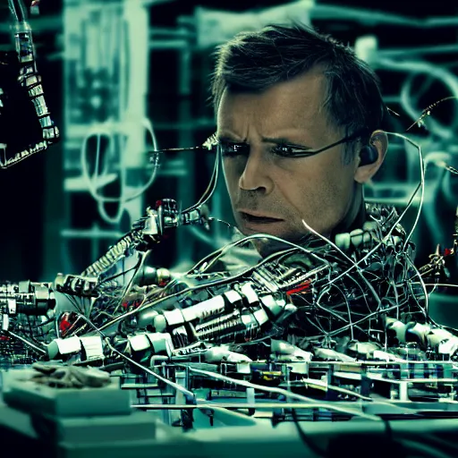 Image similar to a man trapped in a cyborg repair factory, being dissembled by robotic arms, all around are body parts, circuit boards, wires, biomech,, panavision