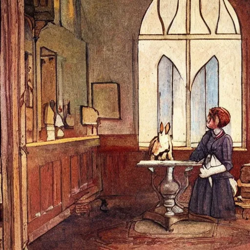 Prompt: a young edwardian woman playing chess against a rabbit inside a church in the style of Carl Larsson