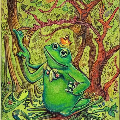 Prompt: a green frog-like genie ready to grant wishes deep in the forest, fantasy illustration, Louis wain