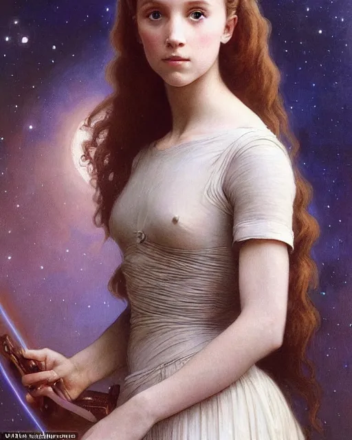 Image similar to a realistic portrait painting of a thoughtful girl resembling a young, shy, redheaded alicia vikander or millie bobby brown as a space princess wearing an incredible gown on a starship, from the latest star wars movie, highly detailed, intricate, by bouguereau, alphonse mucha, and donato giancola