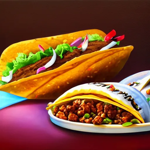 Prompt: a still life painting of a gourmet taco bell meal, trending on artstation, fine digital art