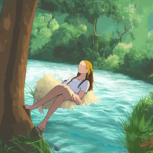 Image similar to a rough digital painting of a person with furry goat legs lounging next to a river with a finger in the water in the forest, digital painting, fantasy, studio ghibli environment, overhead canopy