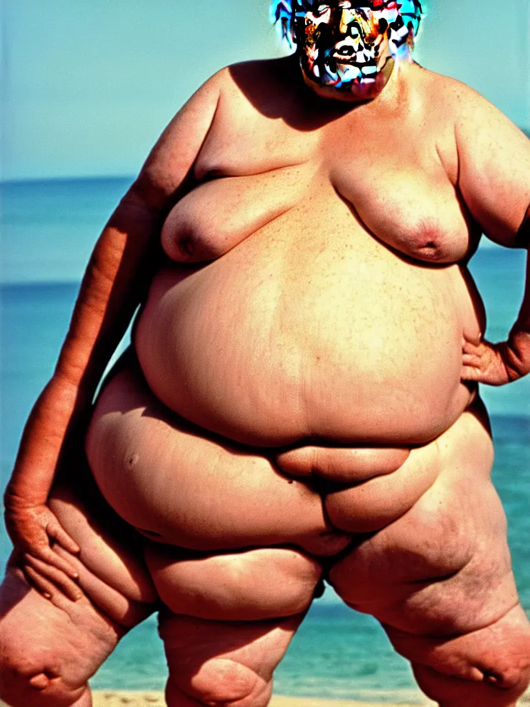 Image similar to a portrait photograph of an extremely obese donald trump wearing a skimpy bikini, his body is covered in boils, gargantuan warts and skintags. perfect focus and detail, in style of david bailey for playgirl.