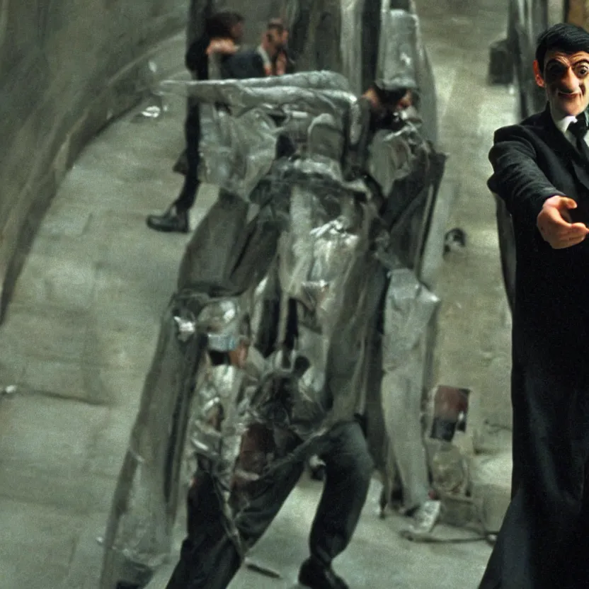 Prompt: Film still of Mister Bean in Matrix (1999), hyperdetailed, 8k