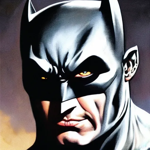 Image similar to an ultra - realistic portrait painting of batman in the style of frank frazetta. 4 k. ultra - realistic. highly detailed. dark fantasy. creepy lighting.