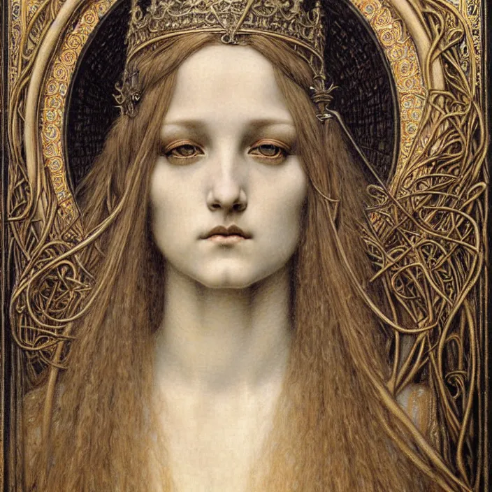 Image similar to detailed realistic beautiful young medieval queen face portrait by jean delville, gustave dore and marco mazzoni, art nouveau, symbolist, visionary, gothic, pre - raphaelite. horizontal symmetry