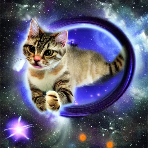 Image similar to cat swimming in space, digital art