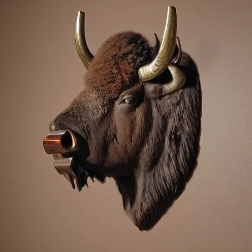 Prompt: hunting trophy bison head nailed to the wall
