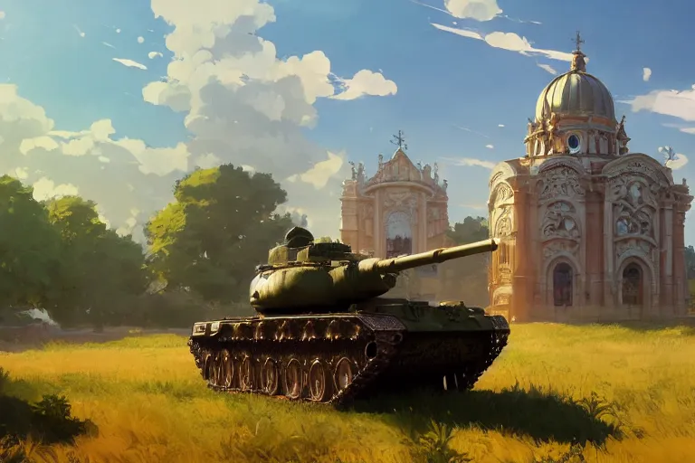 Image similar to a tank which looks like a ornate baroque church, scene in an open field. key visual, conceptart, ambient lighting, highly detailed, digital painting, artstation, concept art, sharp focus, by makoto shinkai and akihiko yoshida and greg manchess